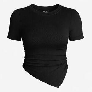 Short Sleeve Crew Neck Ruched Stretch Fitted Asymmetrical Tee Shirts Top